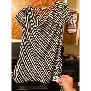 Worthington Womens XL Black White Striped Cowl Neck‎ Sheer Short Sleeve Blouse